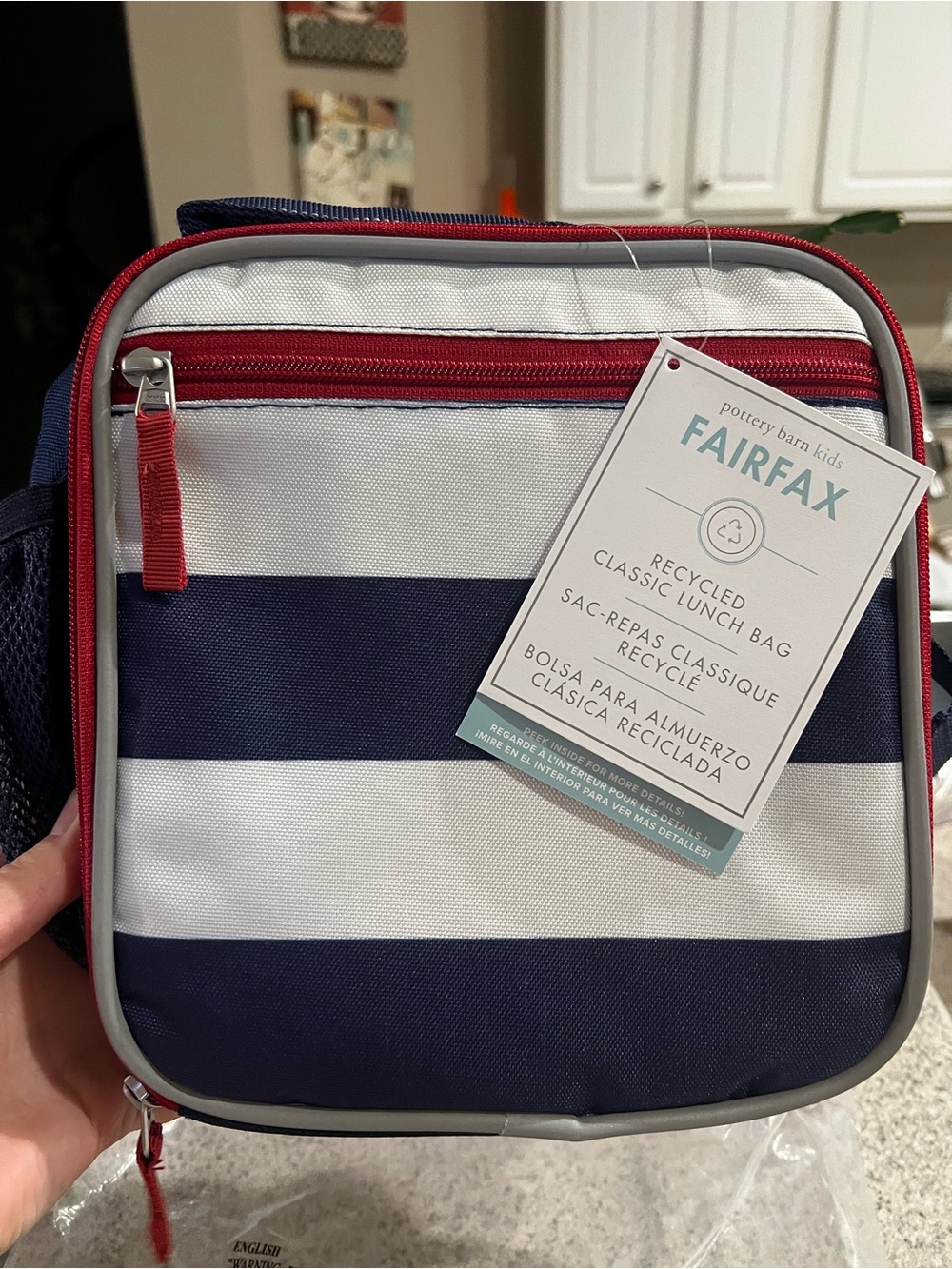 Pottery Barn Kids Navy & White Striped Lunch Bag with Red Trim
